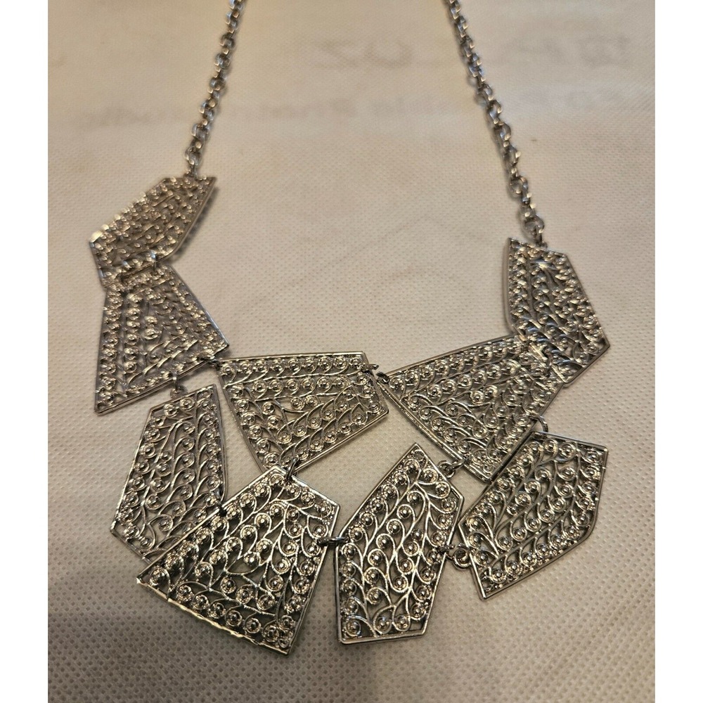 Statement Necklace Silver Geometric Filigree Part… - image 2